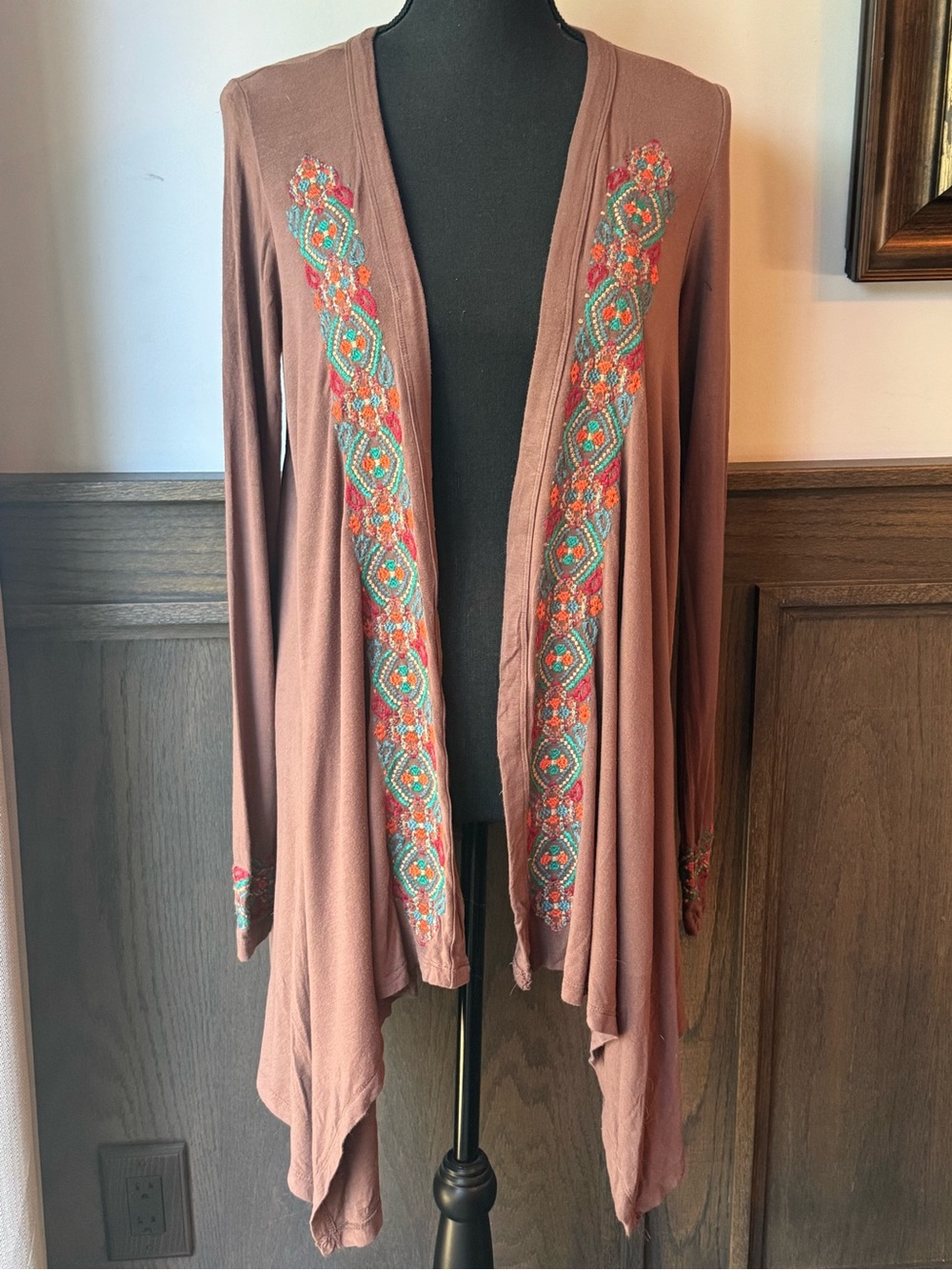 Stetson Brown Open-Front Cardigan with Turquoise & Orange Embroidery - Picture 1 of 8